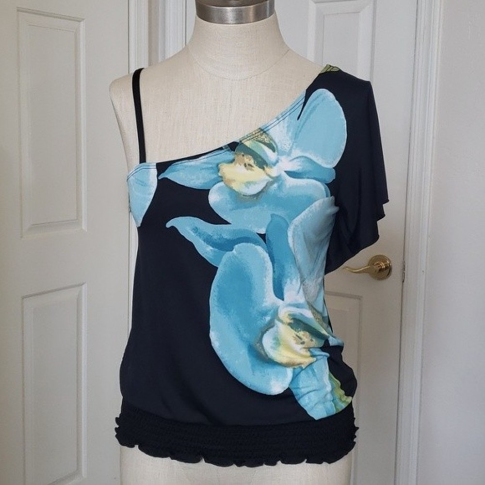 Vintage 90s Y2K One‑Shoulder Floral Top • Black Teal Bold Flower Print SMALL - Picture 2 of 12